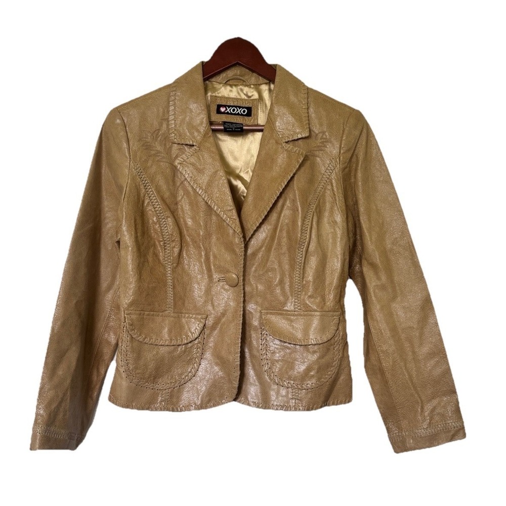 Vintage XOXO Tan Genuine Leather Coat Women's Medium Embroidered